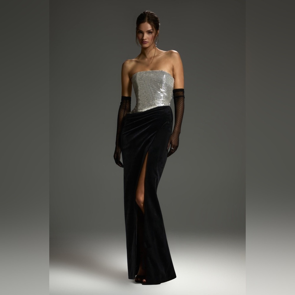NADINE MERABI Silver and Black Strapless Dress